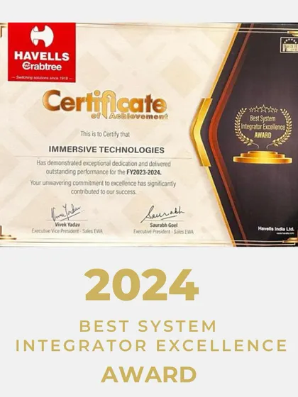 This Certificate of Achievement from Havells Crabtree formally recognizes our outstanding performance and exceptional dedication for the 2023-2024 fiscal year. We value this acknowledgment of our commitment to excellence.