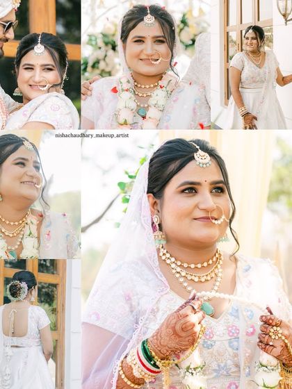 A collage showcasing the simple elegance of this wedding day look. From the hair to the makeup, every detail was crafted to create a cohesive and beautiful appearance.