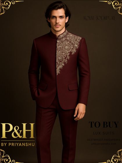My wine maroon royal Jodhpuri suit, designed for the groom who wants a rich, celebratory color for his special day. The golden embroidery adds a touch of festive opulence.