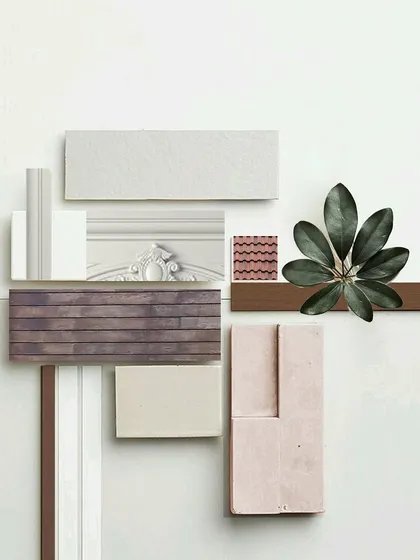 This material board is a harmony of natural elements. Rustic brick, warm wood, and intricate carvings come together to create a space that feels like home.
