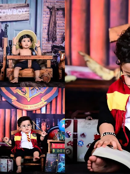 A collage showing a cowboy theme and a Harry Potter theme, two adventurous ideas for a baby shoot.