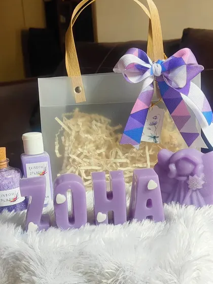 A variation of the personalized "Zoha" gift bag, this time with a lovely angel soap.