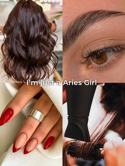 I'm just an Aries girl. Capturing the bold and fiery Aries spirit with striking red-tipped nails, voluminous hair, and perfectly laminated brows.