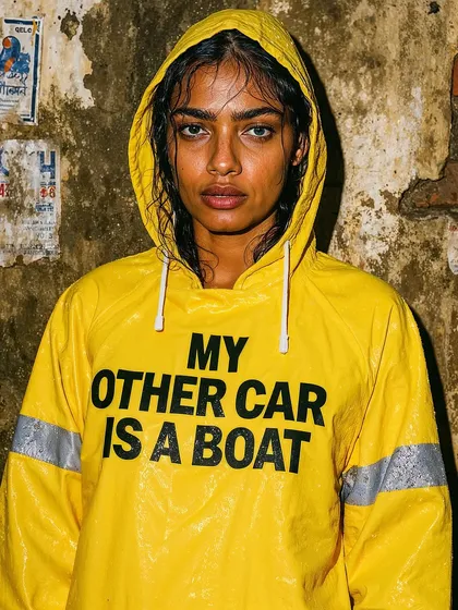 A woman in a yellow raincoat with the text 'MY OTHER CAR IS A BOAT'. This 'Rainquotes' image is a direct and witty commentary on navigating flooded city streets during monsoon season.