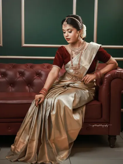 A full portrait showcasing a beautiful cream and red Kanjivaram saree. The bride is seated elegantly on a vintage sofa, creating a look that is both traditional and sophisticated.