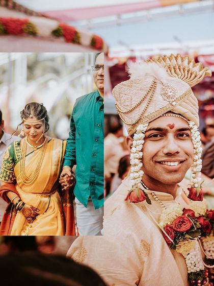 A collage from a wedding day, showing the bride's entrance and a happy portrait of the groom.
