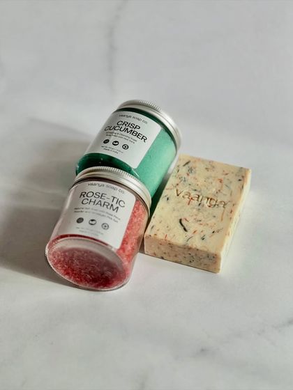This vibrant self-care set includes our Crisp Cucumber body polish, Rose-tic Charm salt soak, and a Funfetti soap bar, offering a full range of textures and scents.