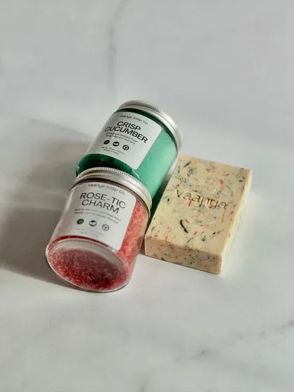 This Self-Care Bundle features our Crisp Cucumber polish, Funfetti soap, and Rose-tic Charm salt soak. A perfect treat for yourself or a loved one.