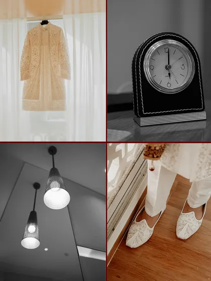 A collage dedicated to the groom's wedding day details, from his elegant sherwani and traditional shoes to the clock ticking down to the big moment.