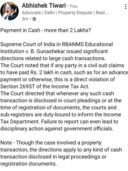 Paying more than two lakhs in cash for a property transaction is a direct violation of the Income Tax Act. I explain a Supreme Court directive that requires courts and sub-registrars to report such transactions to the Income Tax Department.