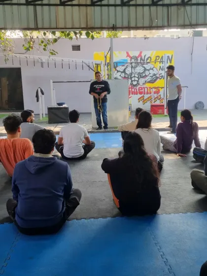 **Learning from the best to prevent shoulder injuries.** We hosted a free Shoulder Health & Injury Prevention Camp with Dr. Jay Singh Yadav, the official physiotherapist for the Indian Paralympics Team. Here, our members are learning about shoulder anatomy and function.