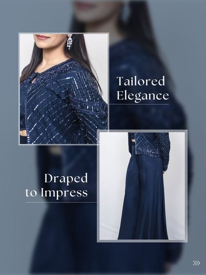 Tailored to impress. This navy blue set features a heavily embellished jacket that adds a touch of glamour to the simple draped pants and top.