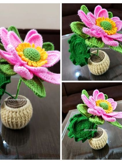 A collage showing our intricate crochet lotus flower in a pot from multiple angles. The detailed petals and large leaf make this a stunning centerpiece.