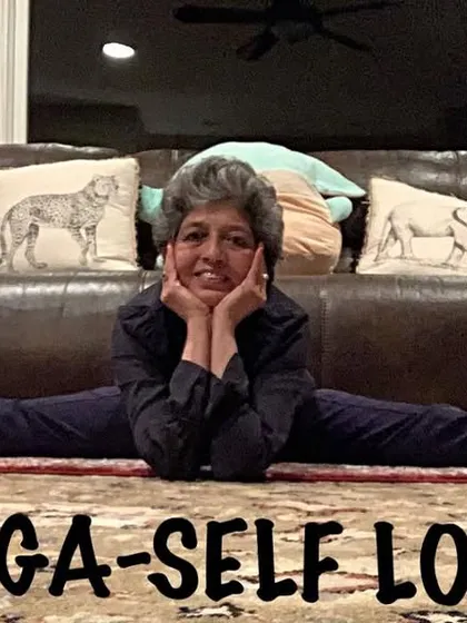 Practicing my splits at home. My online yoga classes bring the same focus on flexibility and alignment right into your living room.