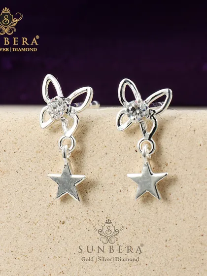 Whimsical silver earrings featuring a butterfly stud and a dangling star charm. The combination of motifs adds a playful and sparkling touch to any look.