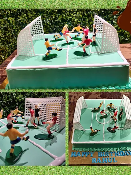 For the ultimate football fan, I designed this entire soccer field cake. It features two goals and a full team of players in action, making it look like a real match is happening right on the cake board.