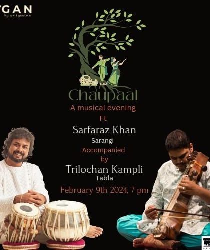 The poster for 'Chaupaal', a musical evening featuring a sarangi and tabla duet. These events are designed to create an immersive experience in traditional Indian art.