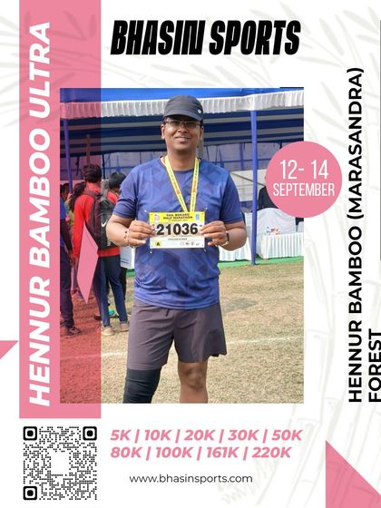 A finisher proudly displays his race bib and medal. Completing the Hennur Bamboo Ultra is a significant achievement for any runner.