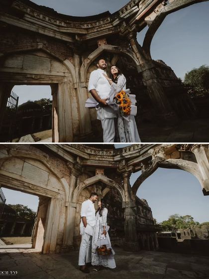 A collage from a heritage shoot featuring the couple in coordinated white outfits. The wide-angle perspective from below captures the stunning curved architecture of the ancient structure.