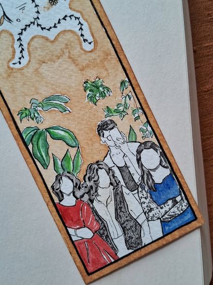 A close-up of the portrait section of a custom group bookmark. I simplify the faces to focus on the overall composition and feeling of the memory.