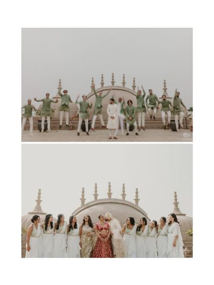 A two-part collage showing the bride and groom with their jumping, celebrating wedding parties. These shots are full of energy, joy, and the spirit of celebration.