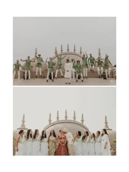 A two-part collage showing the bride and groom with their jumping, celebrating wedding parties. These shots are full of energy, joy, and the spirit of celebration.