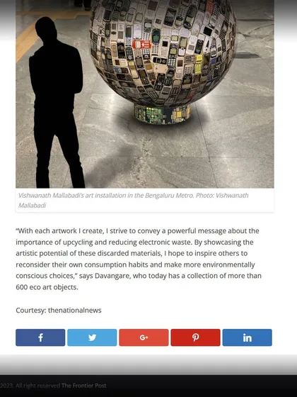Another clipping from my feature in "The Frontier Post," showing my art installation in the Bengaluru Metro. The article quotes my mission to convey a powerful message about upcycling and conscious consumption.