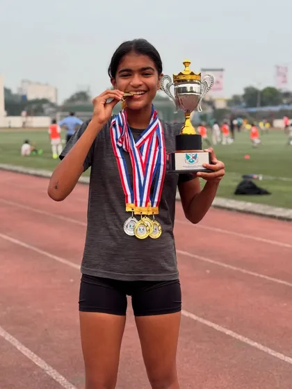 That winning feeling. Huge congratulations to our athlete Adhrika, holding her trophy and medals after a stellar performance at the Bombay Scottish annual athletics meet. This is pure joy and dedication.