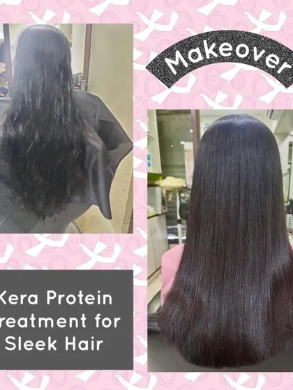 This before and after showcases our Kera-Protein treatment. We targeted dry, frizzy hair and infused it with protein to restore its strength and create this beautiful, sleek finish. It's a fantastic solution for repairing and smoothing damaged hair.