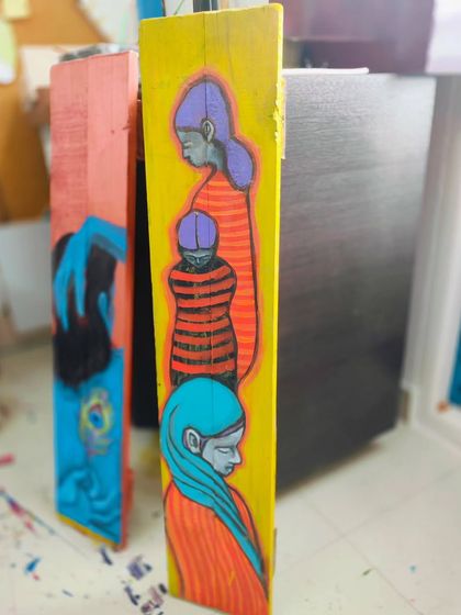 An older work on wood, part of my studio sale. This piece explores the connection between generations of women.