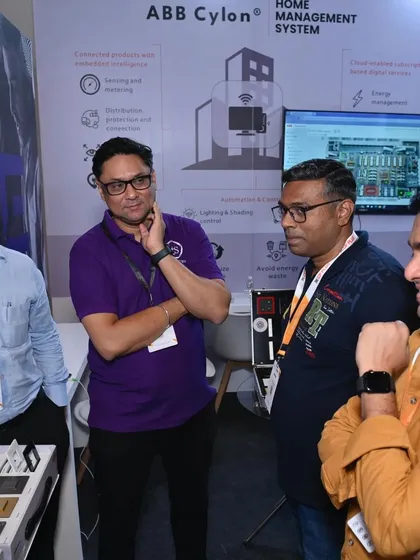 Collaboration in action at the Smart Home Expo 2024. Our team members discussing the ABB Cylon Home Management System with a group of interested integrators and building professionals.
