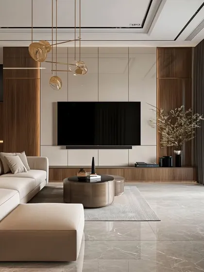 A different angle of the same living room, highlighting the clean lines and luxurious feel. The marble flooring and expansive windows add to the sense of modern elegance.