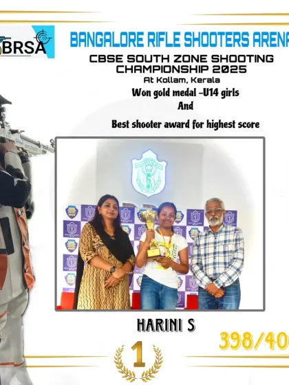 Results speak for themselves. Harini S achieved an outstanding 398/400 score, winning gold and the Best Shooter award at the CBSE South Zone Championship. This is the level of excellence we strive for with all our athletes.