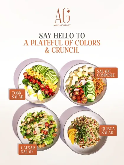 Say hello to a plateful of colors and crunch. This image showcases my four signature salads: the Cobb Salad, Salade Composée, Caesar Salad, and Quinoa Salad.