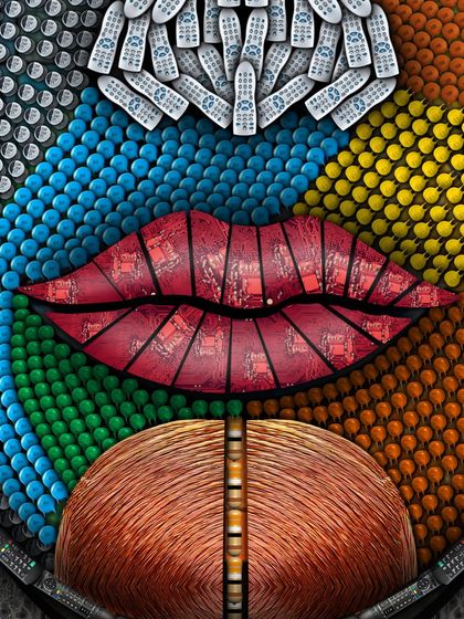 A conceptual image of the 'Sanketana' mural, illustrating the vibrant colors and textures created from remote controls and copper wire. The artwork's name means "messenger," and it advocates for responsible consumption and disposal of electronics.