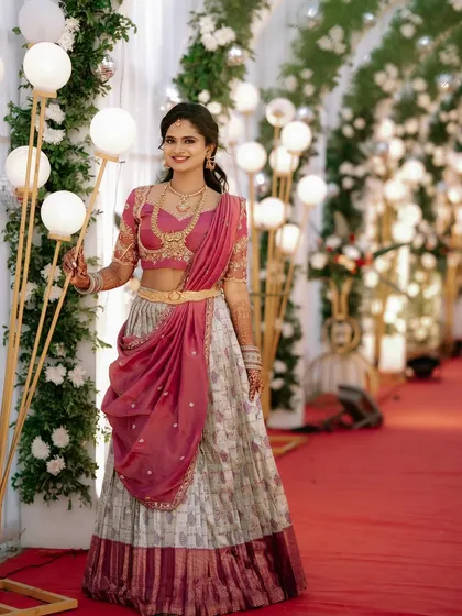 Here is one of my happy clients looking absolutely radiant in a custom Langa Dhawani. This traditional South Indian half-saree is perfect for engagements and other significant ceremonies.