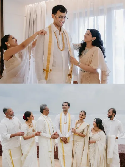 A collage of the groom in a traditional South Indian mundu, getting ready with his family and posing with them for a group portrait by the sea.
