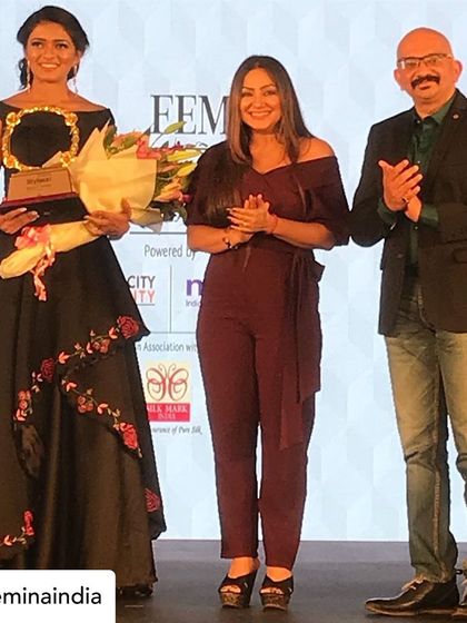 The winner of Femina Stylista South 2020 wearing a custom black floral embroidered gown I designed for the event.