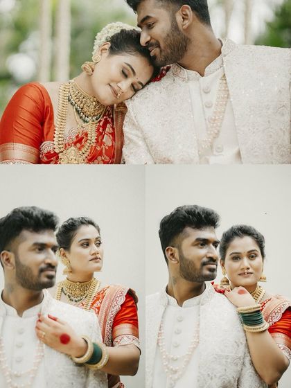 A collage of tender moments from Nagarchith and Vybhavi's engagement in Karnataka. From a gentle headrest to loving gazes, these photos capture the couple's deep connection.