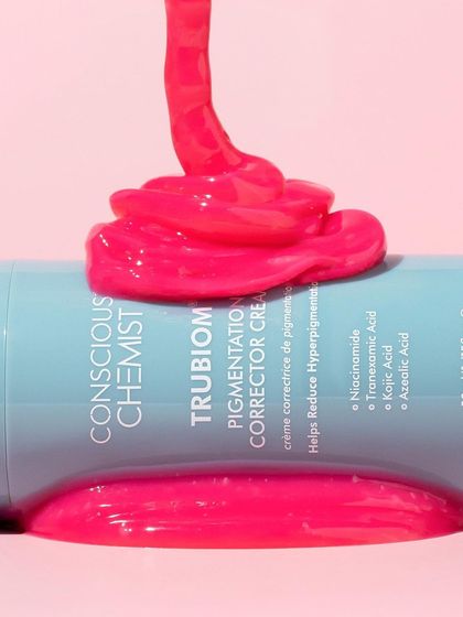 The color contrast here is just delicious. We captured the vibrant pink texture of this pigmentation cream against the product's cool blue tube, making for a visually striking and memorable close up shot.