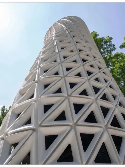 This perspective captures the elegant curve and taper of the tower's form.