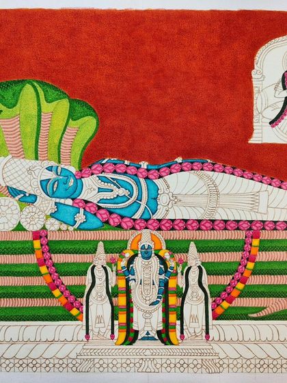 An in-progress shot of the Lord Ranganathar painting. Lord Vishnu's blue form is colored, and the pink lotus garland is added, but the other figures and details are still waiting for their turn.