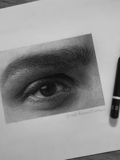 A detailed study of a realistic eye. We focus on the different textures, from the smoothness of the eyeball to the fine lines of the skin and eyebrow hairs.