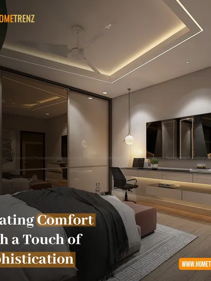 Creating comfort with a touch of sophistication. This bedroom features a floating TV console with under-lighting, a mirrored wardrobe to enhance the sense of space, and a warm, inviting color scheme.