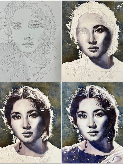 A four-panel grid showing the process of a portrait of actress Meena Kumari. It's a great visual for students to see how a painting is built up in layers.
