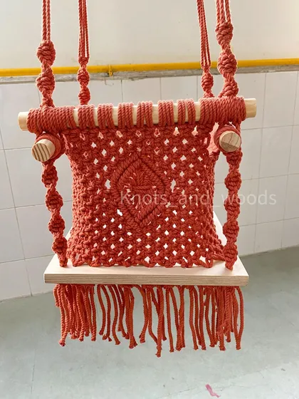 I am so proud of this handmade macrame baby swing! It's crafted with a solid wooden base and strong, soft cotton cords to be both super cute and completely safe for your little one. It’s a beautiful and fun addition to any nursery or playroom.