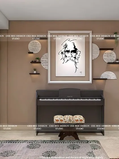 A 3D render of a room with a piano and a portrait of Tagore, blending music and literature.
