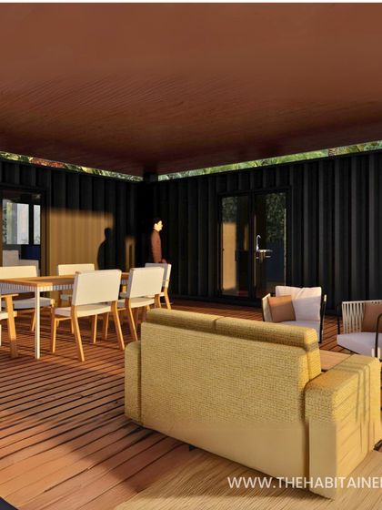 A render of the outdoor living room on the deck, furnished with modern and comfortable seating.