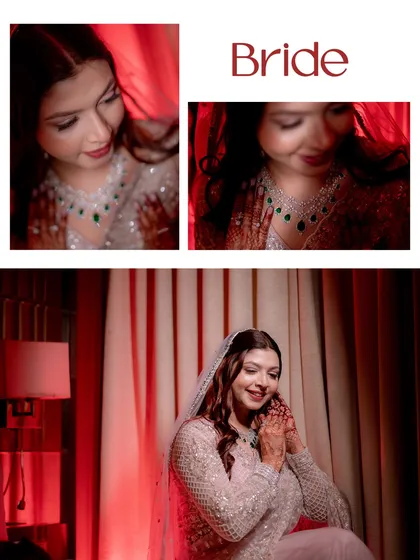A collage capturing the bride's final touches, showing her adjusting her jewelry with a happy, anticipatory smile.