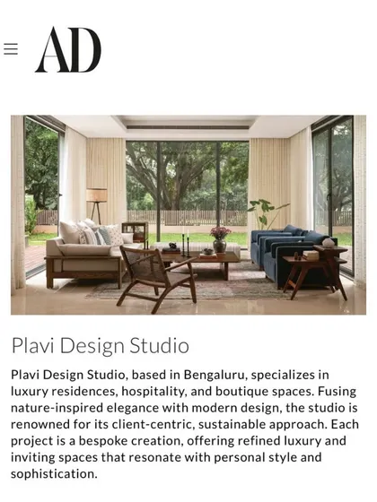It was an honor for my studio to be featured in Architectural Digest. This recognition highlights my approach to fusing nature-inspired elegance with modern design, creating bespoke spaces for luxury residences, hospitality, and boutique commercial clients.